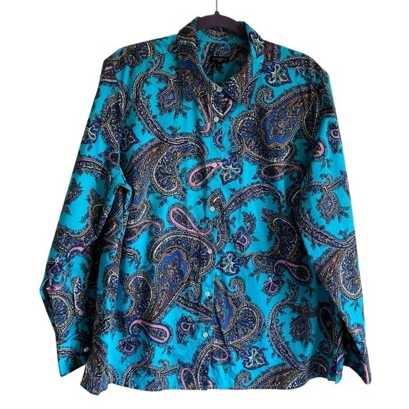 Talbots Classic Button Down Rainbow Multi Color Turquoise Paisley Print Sz 2X - Picture 1 of 16